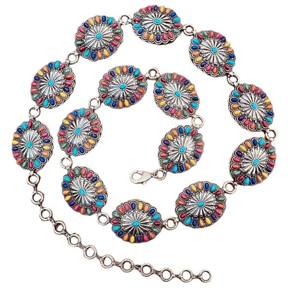 Turquoise Multi Natural Stone Antique Metal Squash Blossom Boho Westen Link Belt - Picture 2 of 2